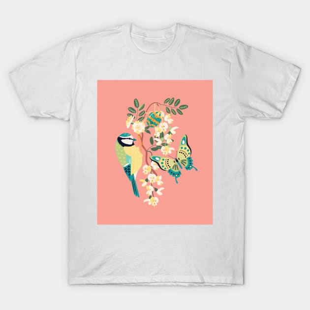 Blue Tit and Butterfly 1 T-Shirt by nadyabasos